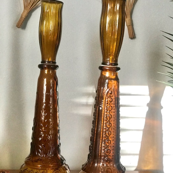 Set of 2 Vintage MCM Art Dabs Amber Genie Bottles/Decanters, Made in Portugal - Picture 10 of 13